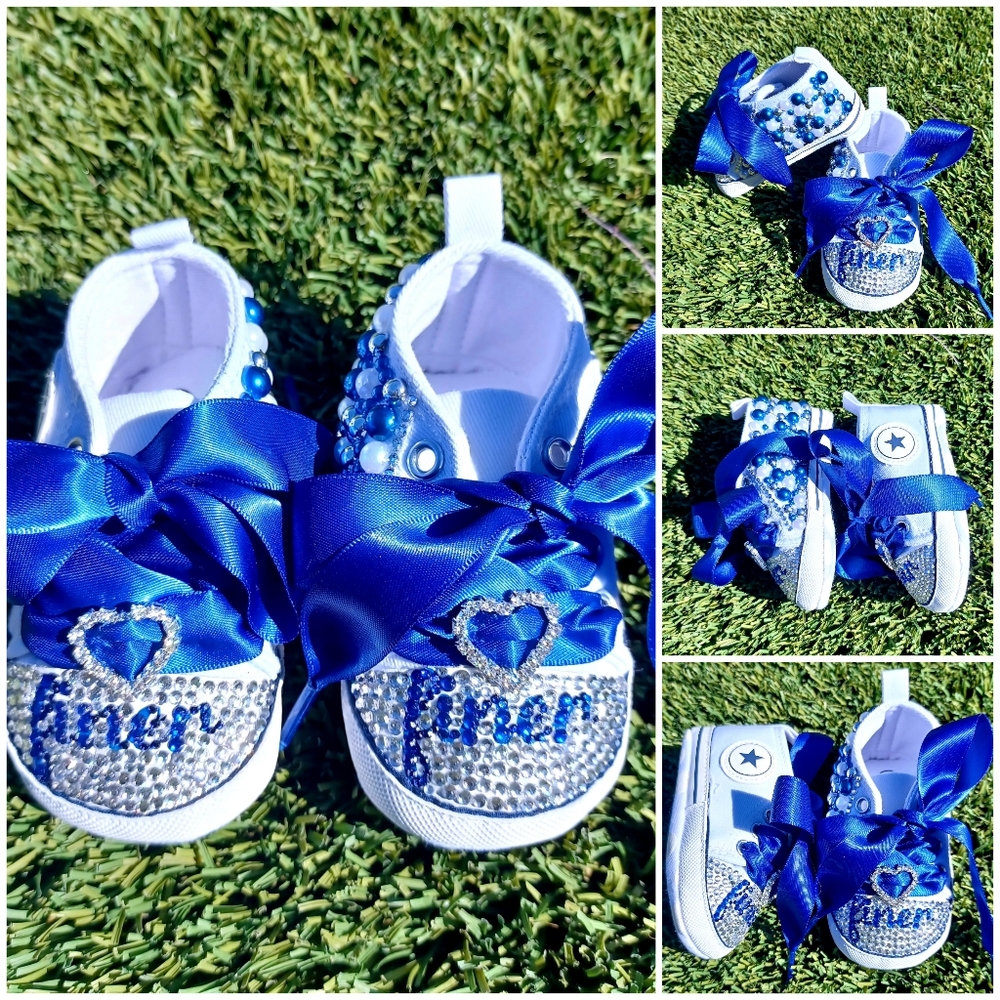 Beautiful BLUE embellished soft sole cute baby shoes with ribbon lace